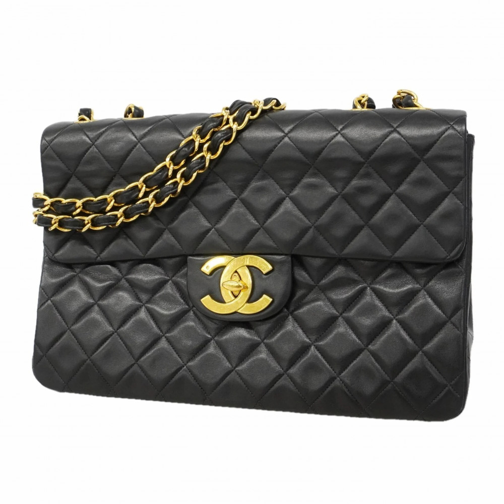 Chanel Shoulder Bag, Large Matelassé, Double Chain, Lambskin, Black, Women's